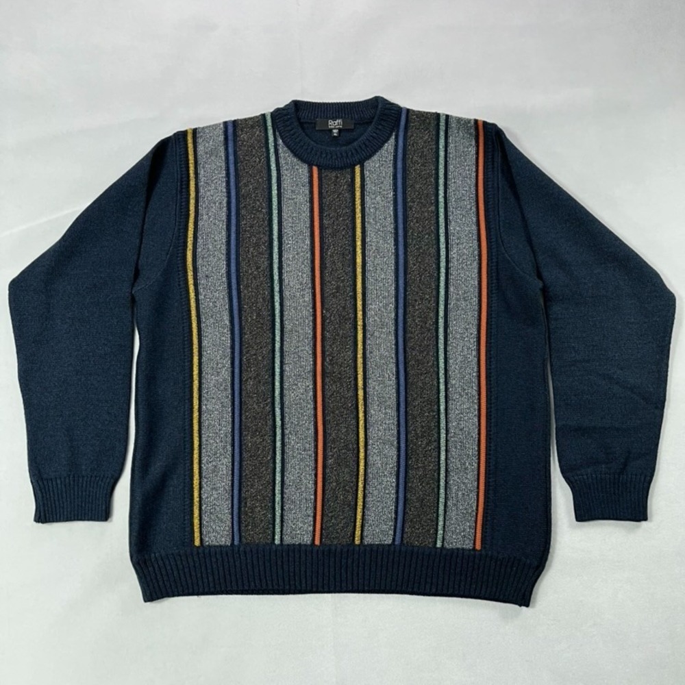 Vintage Raffi Sweater Men XL Blue Vertical Stripe Wool Blend Crew‎ Neck Italy